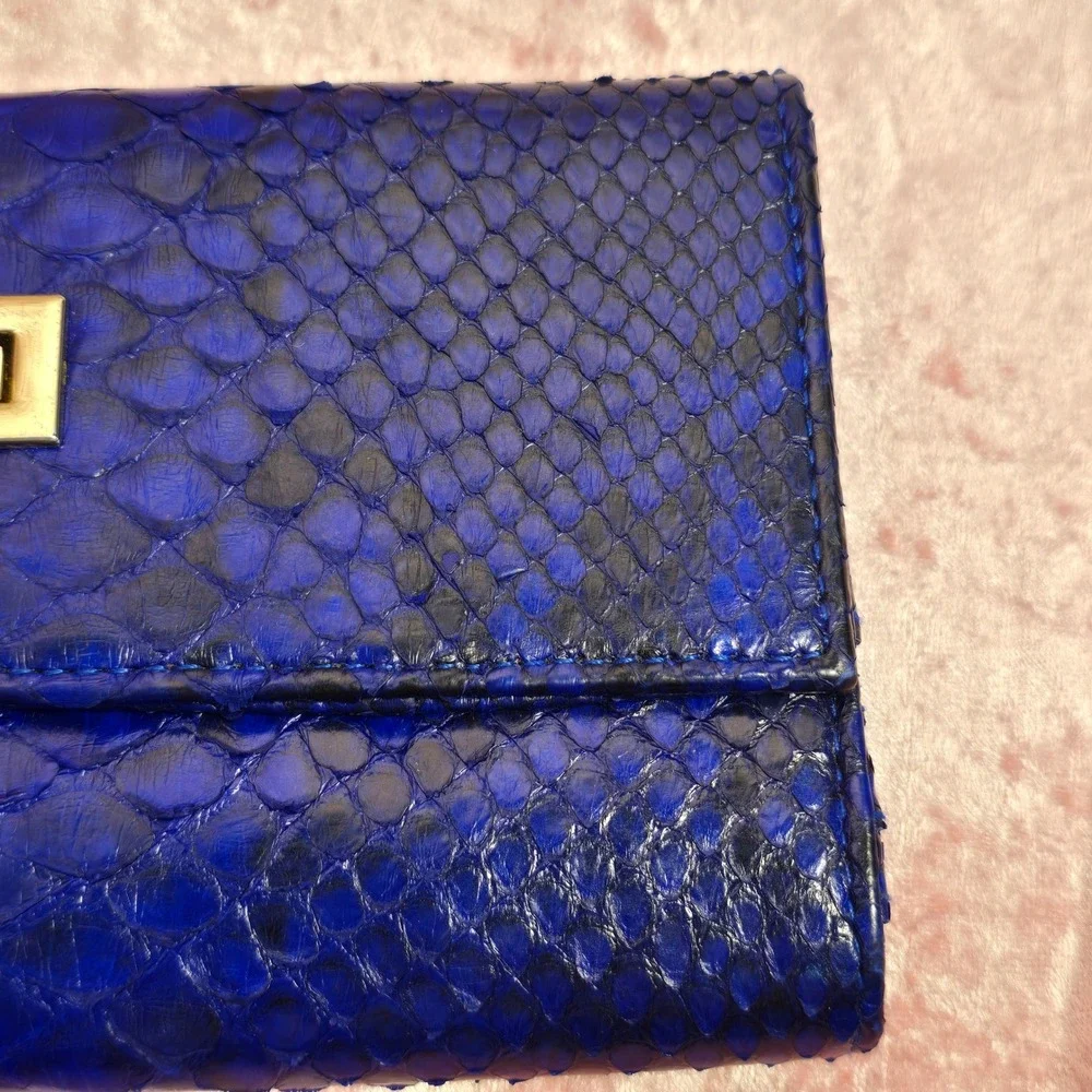 Electric Blue Snakeskin Python Trifold Wallet Gold Turn Lock Closure Luxury